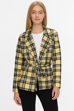 Women's Mustard Yellow Check Blazer Jacket with Belt  Smart Casual Tartan Style