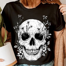 Skull And Flowers Slogan Rocker Biker Skeleton Womens T-Shirts Tee Top #6ED