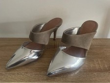 Next Silver Mules With Suede Taupe Kitten Heels BNWT Leather & other materials 