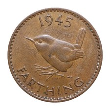 1945 Great Britain 1 Farthing Coin – George VI Bronze – Wren Reverse – Z3281