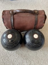 Vintage Pair Crown Green Lawn Bowls Size 5 Jacque Finder London with Leather Bag