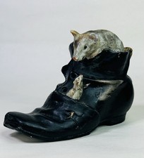 Antique 19th Century German Bisque Porcelain Mouse In Shoe / Boot Figurine