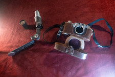 Leica IIIf Red Dial rangefinder camera with leather case, flash grip