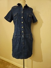 Size 14 Drop Waist Denim Button Up Dress. Shirt Collar And Stretch.  John Banner