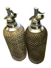 2 VNTAGE Seltzer Glass Bottles Syphon Wire Mesh Wrapped Soda Bottles Collectible