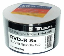 Ritek Traxdata Fullface White Inkjet Printable 8x Speed DVD-R 4.7GB 50 Pack
