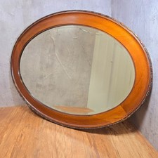 Large 1930s Mahogany Oval Bevelled Edge Wall Mirror, Beadwork Frame 89cm x 64cm