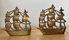 Pair Vintage Nauticalia Of London Brass Ship Galleons Bookends Nautical Man Cave