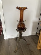 Vintage Ornate Amber Empoli Glass Floor Vase in Wrought Iron Stand Freestanding 