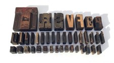 JOBLOT OF 40 VINTAGE WOODEN LETTERPRESS PRINTING BLOCKS