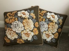 Fab Vintage 1960s Olive Green Floral Cushion Covers Set x 2 VGC