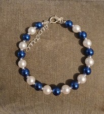 Blue And White Faux Pearl  Memory wire Beaded Bracelet