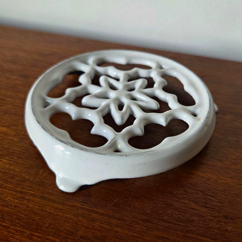 White cast iron floral trivet - cast,