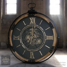 Large Mistic Wood & Metal Moving Cogs Black Wall Clock, Bold Time Piece