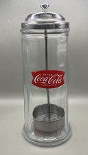 RETRO US DINER STYLE COCA-COLA 2014 STRAW DISPENSER GLASS / CHROME PLATED LID