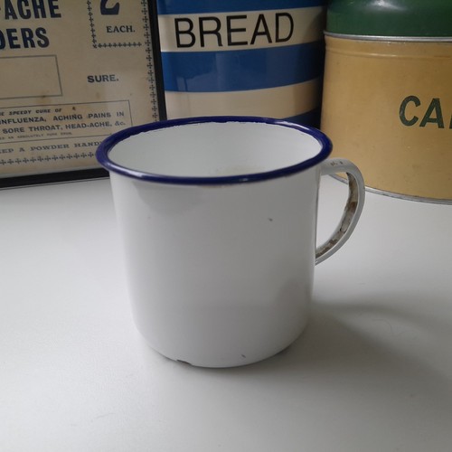 Vintage white enamel mug blue - vintage,
