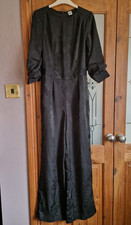 BNWOT La Redoute Black Jaquared Print Wide Leg Jumpsuit 3/4 Sleeves Size 8