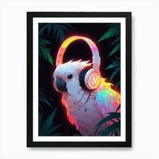 Parrot With Headphones Art Print Framed Wall Art Poster Canvas Print Picture