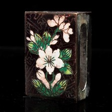 Vintage Cloisonné Black Floral Matchbox Cover With Hand-Painted Enamel Design