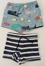 Boys Swim Trunks 2 Set M&S Blue White Mix Stiped Fishes UV Protection NWOT F1