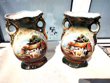 PAIR ANTIQUE VINTAGE HANDLED VASES URNS with RURAL COWS & COTTAGE SCENE