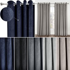 Velvet Blackout Thermal Plain Embossed Abstract Geometric Eyelet Curtains Pair