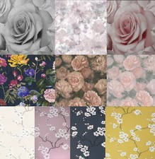 FLORAL WALLPAPER FLOWER MODERN TRENDY PRETTY PINK MUSTARD NAVY BEIGE FEATURE
