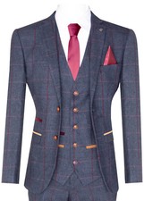 Mens Herringbone Tweed Suit 3 Piece Navy Blue Peaky Blinders 1920s Tailored Fit