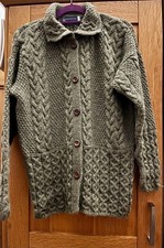 J M Cooper British Wool Olive Green Arran Style Button Cardigan Size M