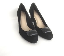 Ladies M + S Unworn Black Suede / Patent Heel Shoes. Wide Fit. Size 7.5. Heel 3"