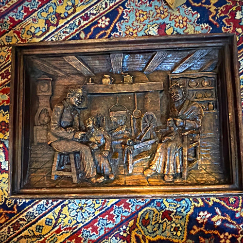 Framed carved wood wall - wall, plaque