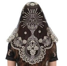 Lace Mantilla Catholic  Veil -  White Chalice pattern - black