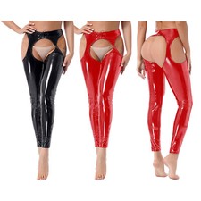 Women's Faux Leather Cut Out Leggings Wet Look Suspender Long Pants Clubwear