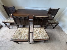 Antique Hand Crafted Wooden Dining Table With 4 Upholstered Chairs