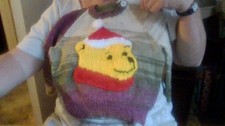 New handknitted child xmas jumper age4-5 multi colour with winnie the pooh motif
