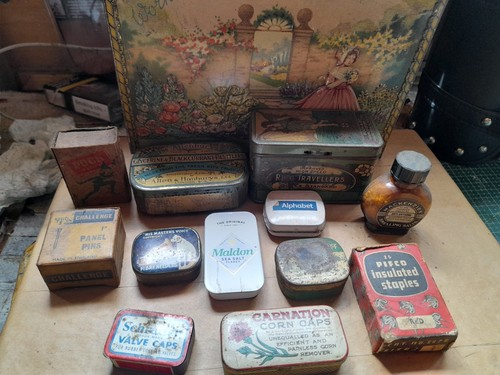 Vintage tins boxes - and, bottle