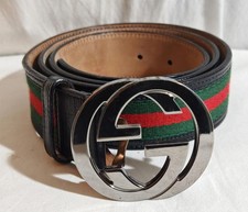 Gucci Striped Leather Belt, Silver GG Buckle, Size 100/40, Good Condition 
