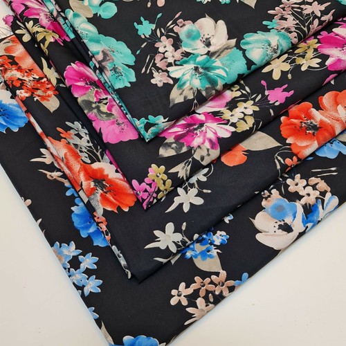 Black soft crepe fabric - crepe, floral