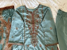 Women’s Pakistani Indian Suit, Cotton Silk Shirt Trouser Organza Dupatta Size M