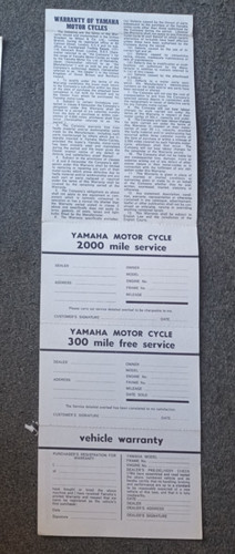 Yamaha xs650 warranty card - yamaha,