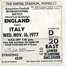 TICKET: ENGLAND v Italy (World Cup Qualifier) 1977 - EXCELLENT