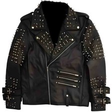 Men's Biker Brando Studded Spiked Punk Real Leather American Style Black Jacket
