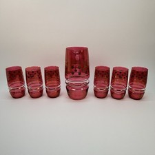 Vintage Cranberry Glass 7 Piece Pitcher Water Jug and 6 Matching Glasses