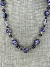Glass Bead Necklace Purple Tones Handmade Fimo Clay Beads Retro 462