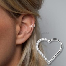 Hinged Earrings Silver Heart CZ Ring 8MM Ear Piercing Titanium Surgical Steel 1x