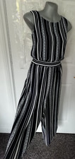Roman 10 Navy Blue White Stripe Smart Jumpsuit Back Zip Wide Leg Elastic Waist