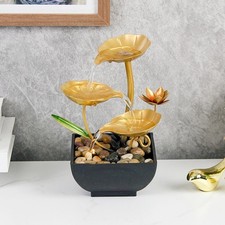 Gold Lotus Tabletop Fountain 22cm Indoor Zen Waterfall w/ Pebbles & LED