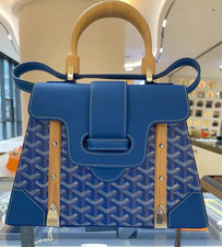 Goyard Saigon PM Hand Bag Canvas Leather Wood Blue Herringbone Japan Authentic