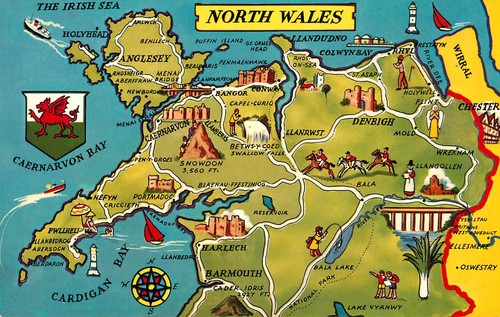 North wales map - wales, postcard