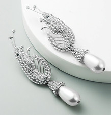 Big Silver Crayfish Shrimp Prawn Crystal Embellished Stud Earrings